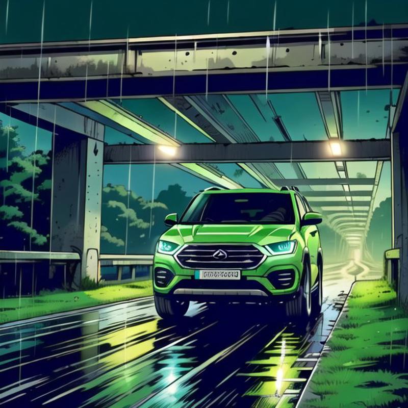 00202-2390964204-a modern suv, under a bridge, green colour, night time, rainy weather.jpg